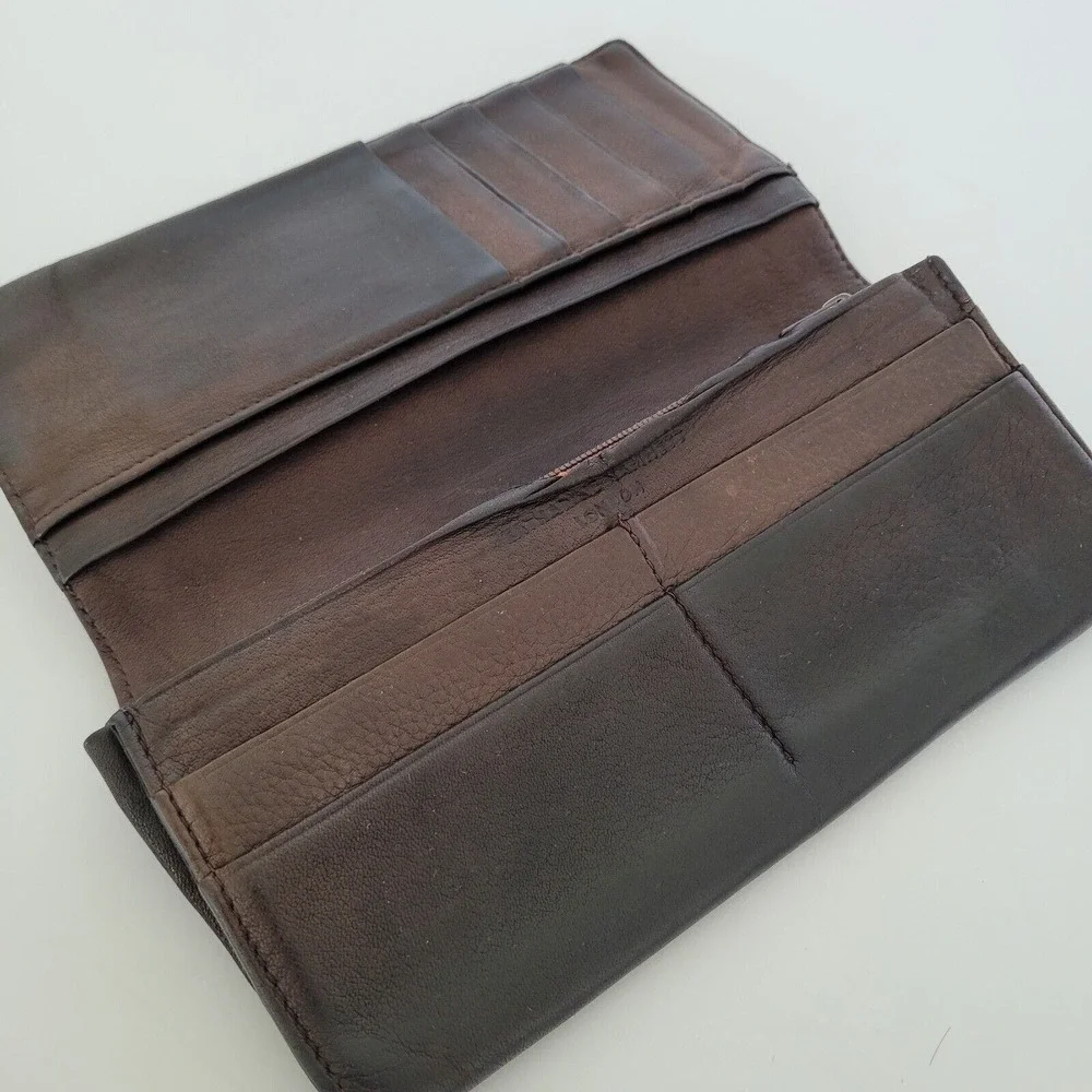 Katharine Hamnett London Wallet Checkbook Brown Soft Silk Leather Rustic Damaged